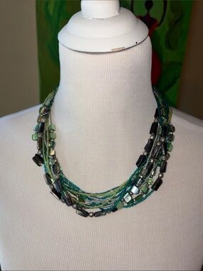 Layered Green/ blue Multi-Strand Beaded Necklace with Mixed Stone Accents